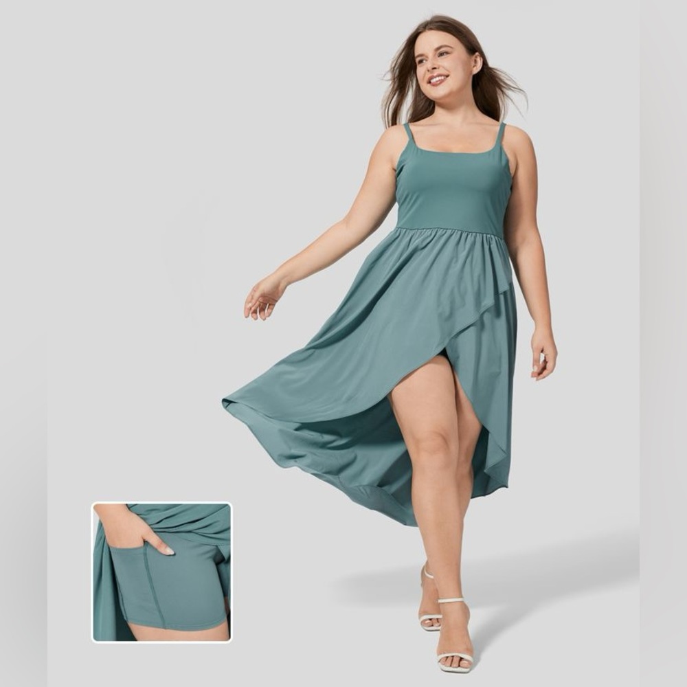 Halara Breezeful Backless Crisscross Lace Up Ruffle Hem Dress in Stone Blue